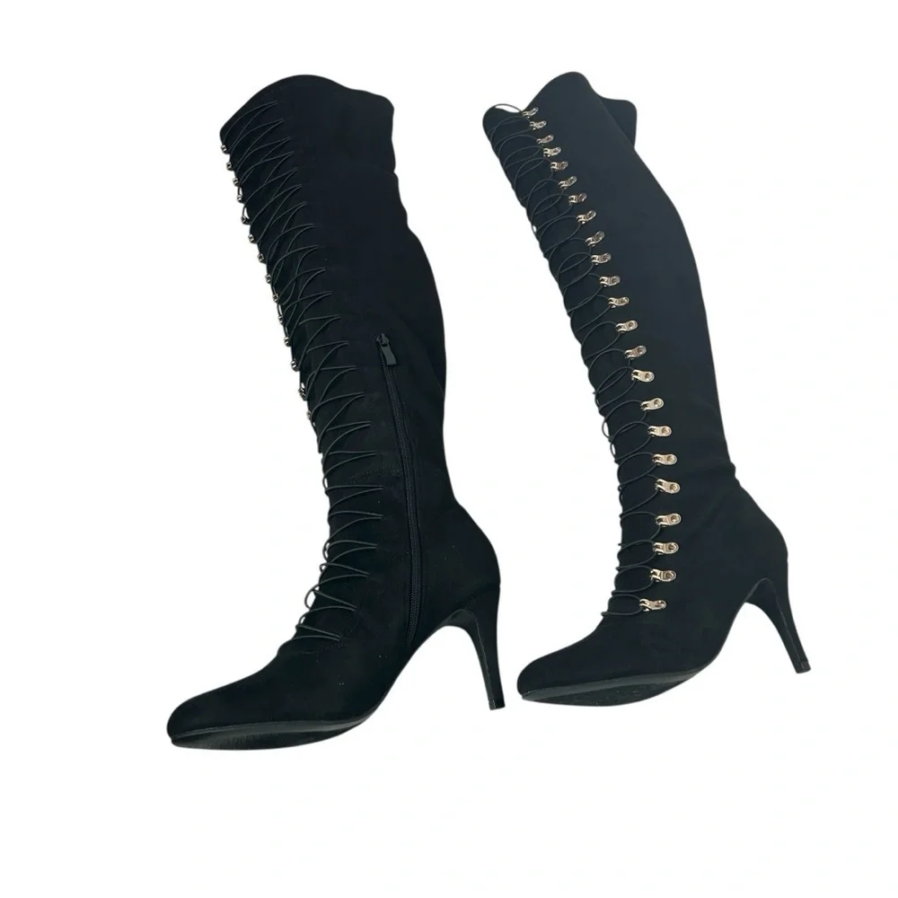 Journee Trill Black Wide Calf Thigh High Heeled Lace Up Boot Women’s Size 8.5